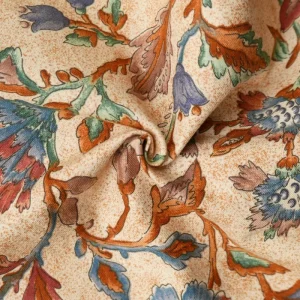 Tissu - Coton - Fond marron avec des fresques bleues et des fleurs  - 130 cm * 298 cm